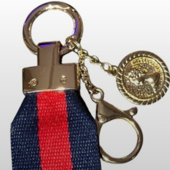 Navy Blue And Red Stripe Keychain Gold Tone Coin - Picture 2 of 5